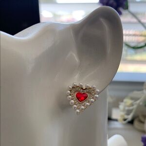Heart-Shaped Gold and Red Pearl Earrings